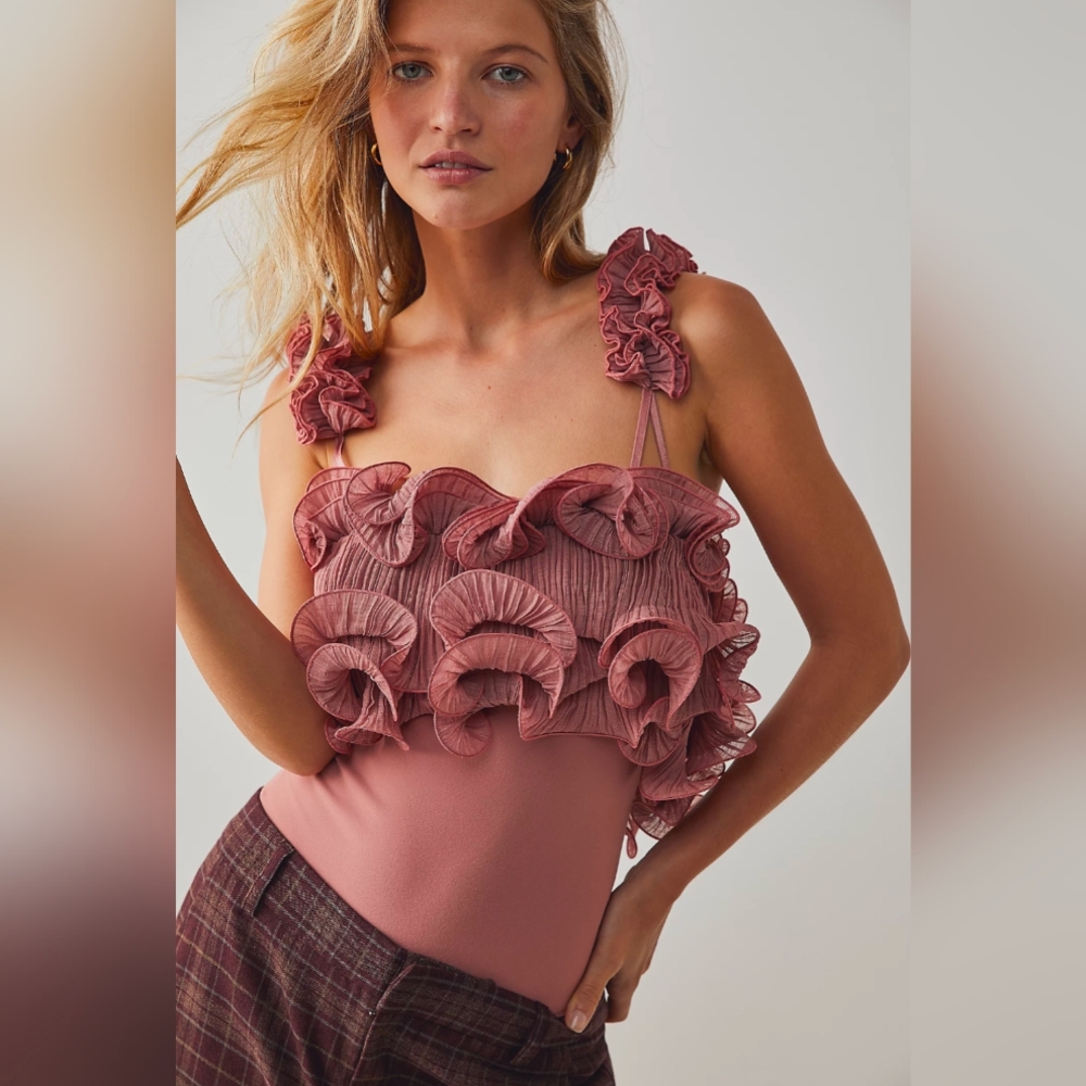 Free People Pink Ruffle Bodysuit